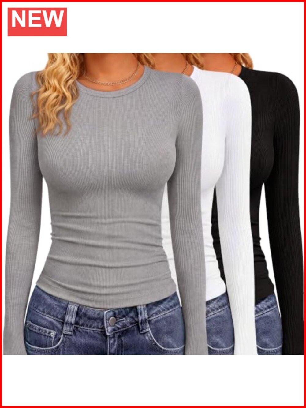 Ribbed Long Sleeve Crewneck Slim Fit Tee Set of 3 Rayon Spandex